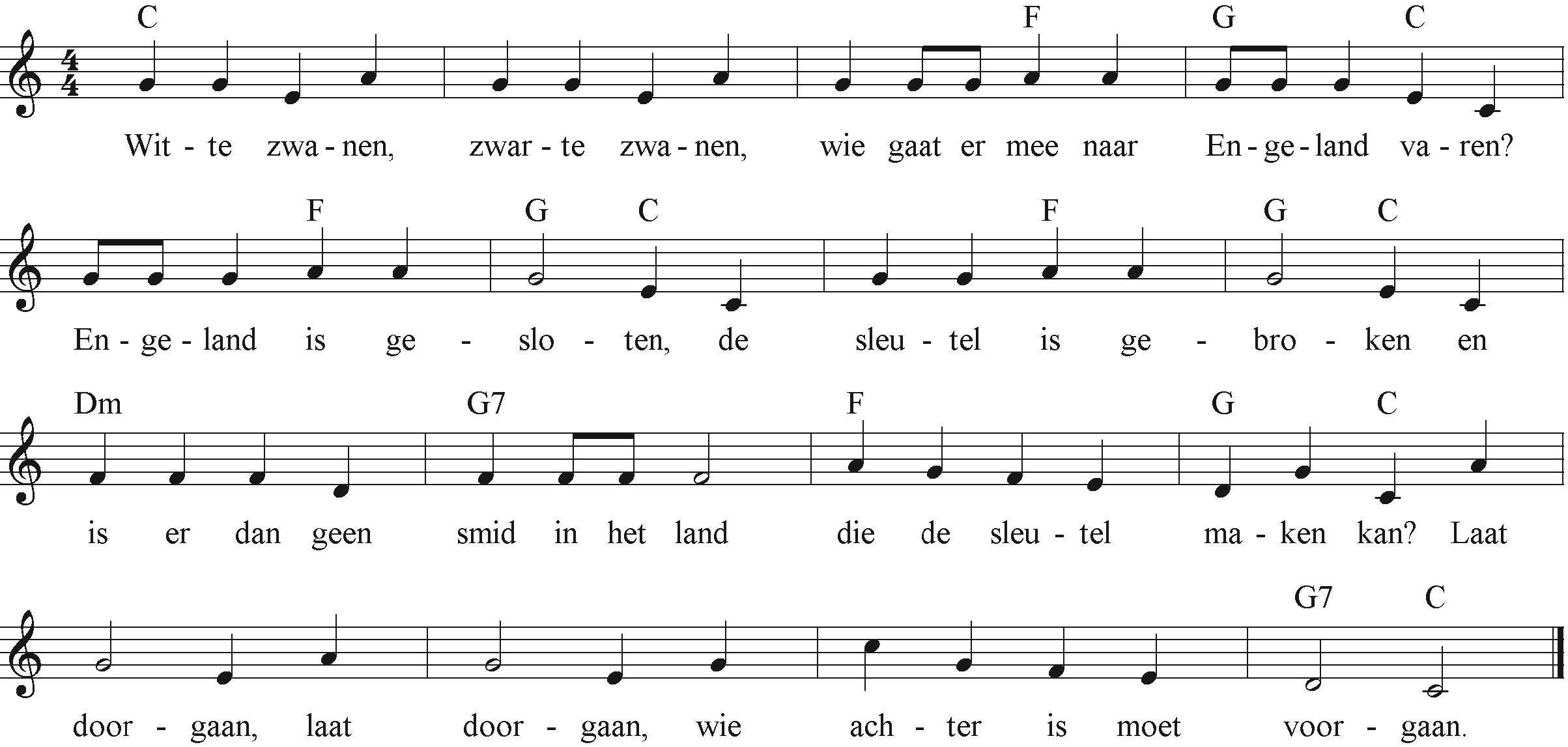 bladmuziek van 'Witte zwanen, zwarte zwanen', traditioneel lied, vaak gezongen bij een bewegingsspel met een poort van twee rijen kinderen die tegenover elkaar staan.